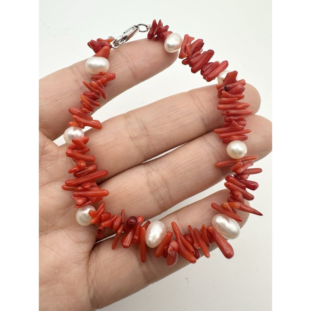 Red Coral Freshwater Pearl Beaded Bracelet 7.25”
